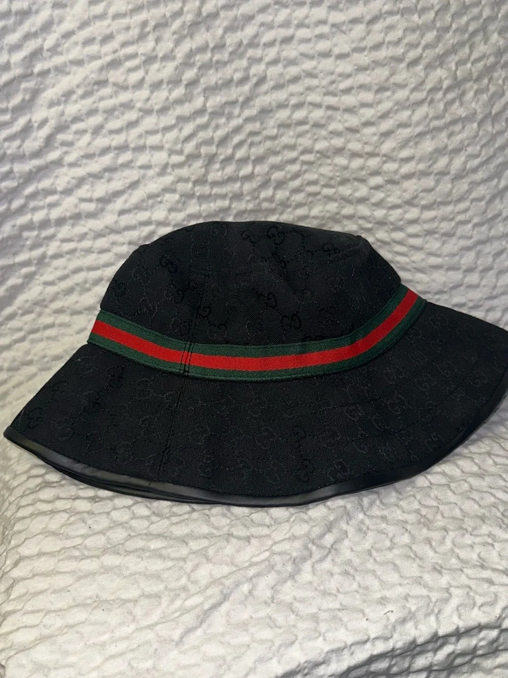 Gucci Black Bucket Hat with Green and Red Stripe